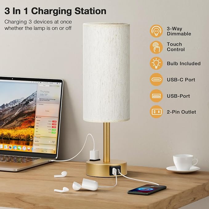 Touch Bedside Table Lamps Set of 2 - Bedroom Lamp with USB A+C, AC Outlet | 3-Way Dimmable, LED Bulb Included, Linen-Texture Fabric Lampshade, Matte Gold Metal Base, 14" Small Nightstand Lamp for Dorm
