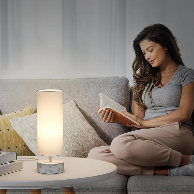 Touch Table Lamp with Marble-Grain Metal Base, 3 Way Dimmable Bedside Lamp | Modern Minimalist Desk Lamp with White Shade, Nightstand Night Light for Bedroom Living Room Home Office, LED Bulb Included