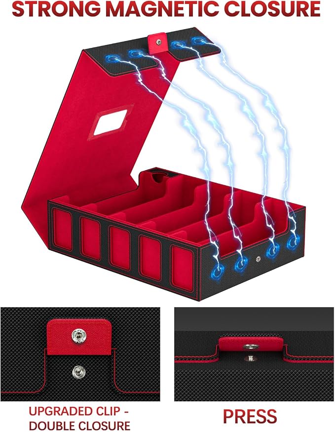Trading Card Storage Box, 5 Row Card Deck Case with Commander Display & Portable Handle, 4200+ Card Deck Boxes Compatible for MTG TCG Magic Cards, 30 Divider, 8 Supporters, 1 Dice Tray (Black & Red)