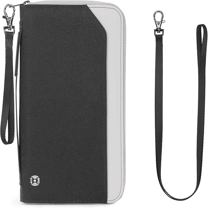 Family Passport Holder for 6, RFID Blocking Travel Wallet with AirTag Holder, Large Travel Document Organizer Pouch for Women Men with Neck Strap and Zipper Pocket