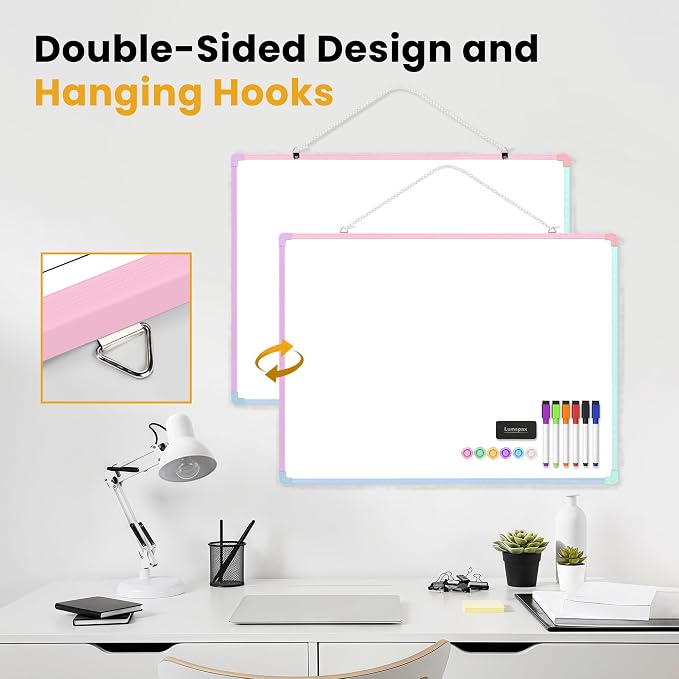 Dry Erase Board for Wall, 24" x 18" Double-Sided Hanging Magnetic Whiteboard with 6 Markers, 6 Magnets and 3 Mini Sticky Notes, Large White Board for School, Home, Office, Colorful Frame