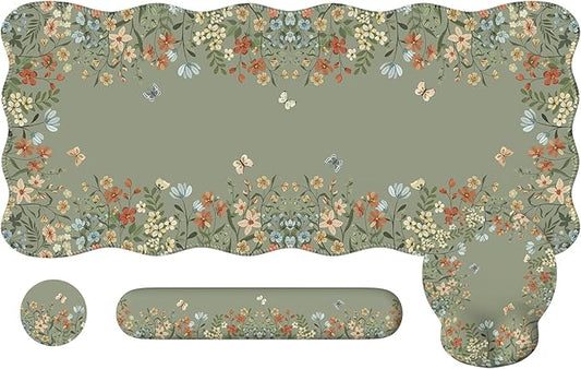 iCasso Desk Mat Set,Large Mouse Pad with Wrist Rest,Ergonomic Keyboard Wrist Support for Women,Girly Floral Computer Mat with Scalloped Edges,Non-Slip Desk Pad Home Office Gaming (Green)