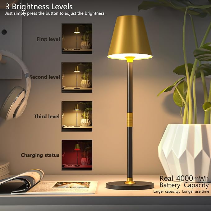 Timjorman 1-Pack Cordless Table Lamps - 5000mAh Rechargeable Battery Operated Desk Lamp, 3-Level Dimmable LED Night Light for Bedroom, Dining, Restaurant - Metal Design(Gold&Black-1Pack)