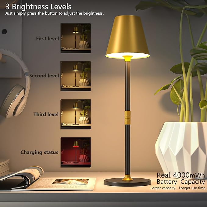 Timjorman 2-Pack Cordless Table Lamps - 5000mAh Rechargeable Battery Operated Desk Lamp, 3-Level Dimmable LED Night Light for Bedroom, Dining, Restaurant - Metal Design(Gold&Black 2-Pack)