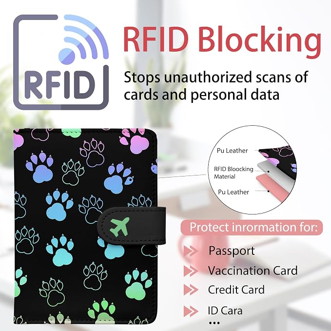 Passport Holder, Cute Travel Wallet Cover with RFID Blocking,Pawprint | PU leather travel wallet with magnetic closure, card slots, pen loop, and easy access for passports and essentials.