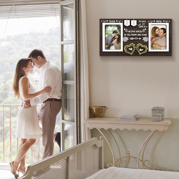 Then & Now Anniversary Picture Frame - 1-99 Years Anniversary Wedding Gift for Couple, Engagement Bridal Shower Gifts for Couples Wood Photo Frame Holds 2 4x6 Inches Photos