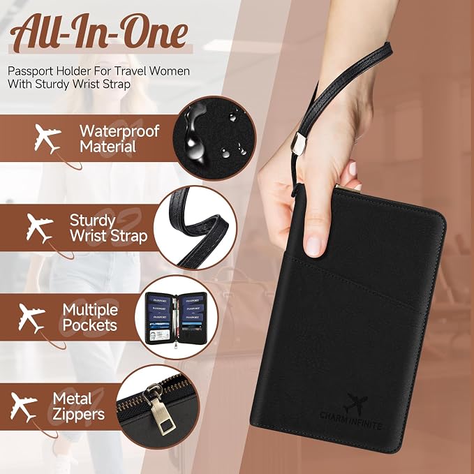 Likesing Family Passport Holder for 4, RFID Multiple Passport Holder-Brown | Leather RFID Blocking Travel Passport Wallet with Zipper, Travel Document Organizer with Wrist Strap Card Slots for Women Men