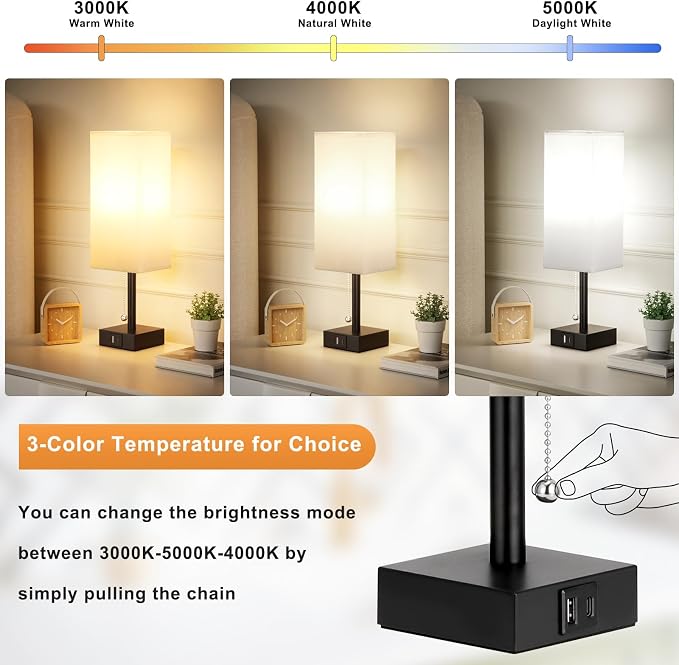 Set of 2 White Bedside Table Lamps for Bedroom - Nightstand Lamp, USB C+A | Pull Chain Lamp, 3 Color Modes(3000K/4000K/5000K), E26 LED Bulb Included, Square White Fabric Lampshade, for Read, Work, Dorm