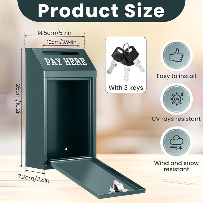 Yaocom Safe Metal Cash Box for Farm Stand – Money Drop and Secure Donation Collection, Wall Mount Lockable Unit with Pre Drilled Holes for Outdoor Self Serve(Dark Green,10.2 x 5.7 x 2.8 Inch)