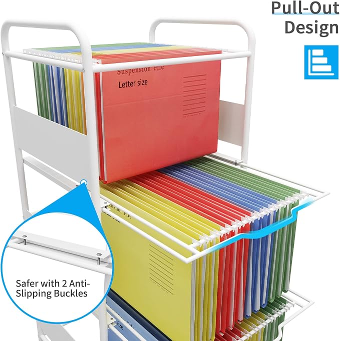 PUNCIA 3-Tier Metal File Cart with Wheels Pull-Out Rolling Folder Organizer | White Mobile Hanging File Cabinet for Letter Documents Home Office Storage Easy to Move and Access