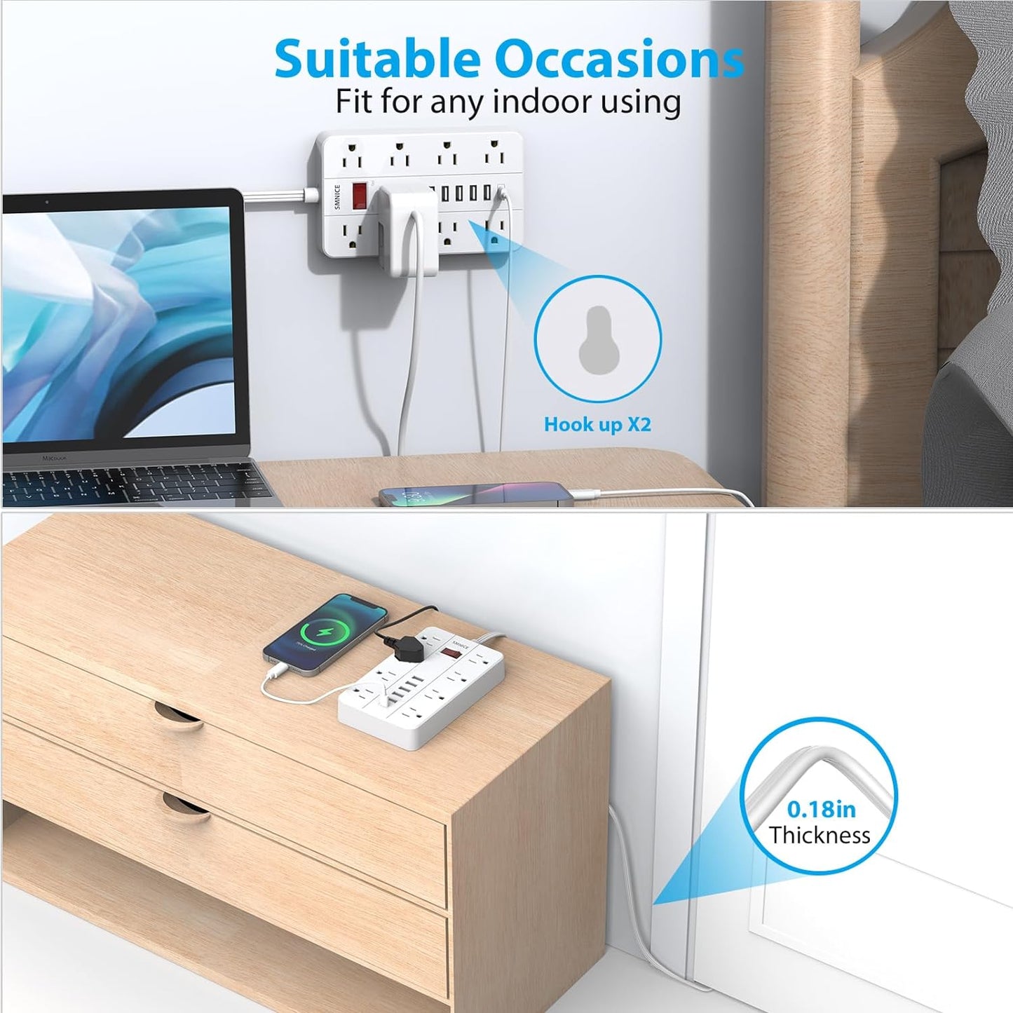 Power Strip with USB,Surge Protector Flat Plug with 8 Widely Spaced Outlets and 6 USB Ports(1 USB C), 5ft Extension Cord Wall Mountable Phone Tablet Laptop Computer Multiple Devices