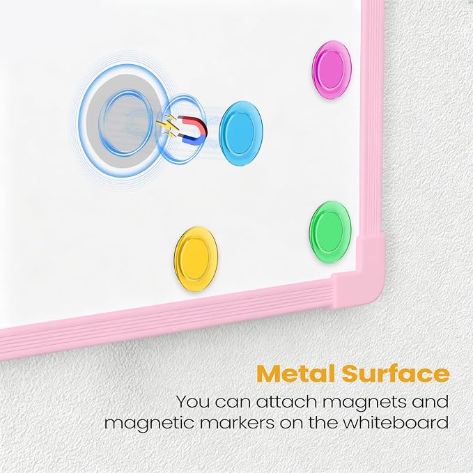 Pink Frame Small Dry Erase Board for Wall, 16" x 12" Double-Sided Hanging Whiteboard with 4 Markers, 4 Magnets and 3 Mini Sticky Notes, Portable Whiteboard for Kids, School, Home, Office