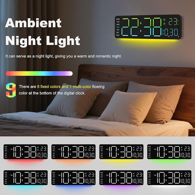 JoFomp LED Digital Clock Large Display with RGB Color Remote Control, 13" Large Digital Wall Clocks for Living Room Decor, Digital Alarm Clock with Temp/Timer/DST/Dimmer/Ambient Light - 12/24H