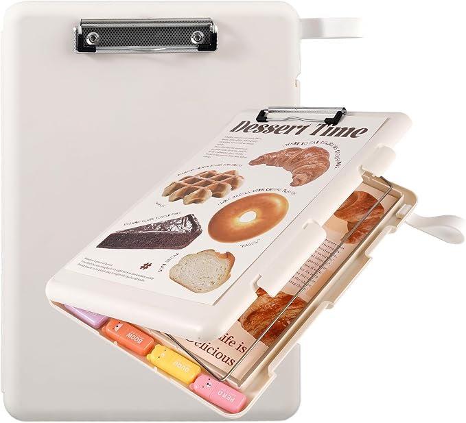 Letter Size Clipboard with Storage, Plastic Clipboard with Side Opening, A4 Waterproof Foldable Nursing Clip Board for School & Office with Christmas Stickers (Khaki)