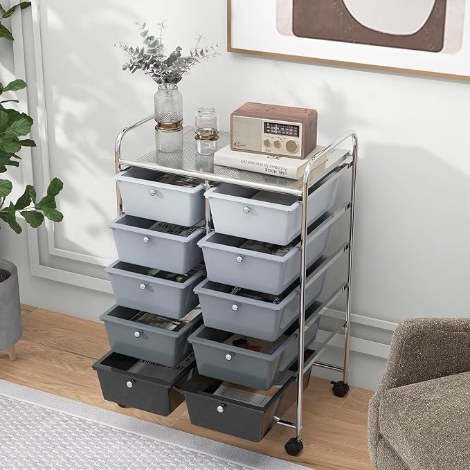 10 Drawer Rolling Cart, Storage Cart Organizer on Wheels, Drawer Cart with Metal Frame & Large Storage Capacity, Rolling Cart with Drawers for Living Room Classroom, Office