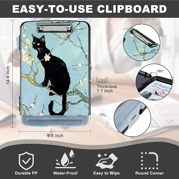 Clipboard with Storage,Storage Clipboard with Pen Holder,Heavy Duty Plastic Storage Clipboard with Low Profile Clip,Teacher Must Haves,Clipboard Folder,Office Supplies,Black Cat and Flowers