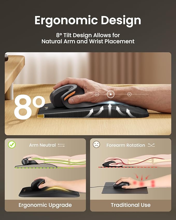 ProtoArc MP50 Ergonomic Mouse Pad with Wrist Support, Lycra Surface, Black | 8° slope & massage points, soft memory foam, Large 12x8 Inches, Non-slip base. Relieves wrist strain for office & home