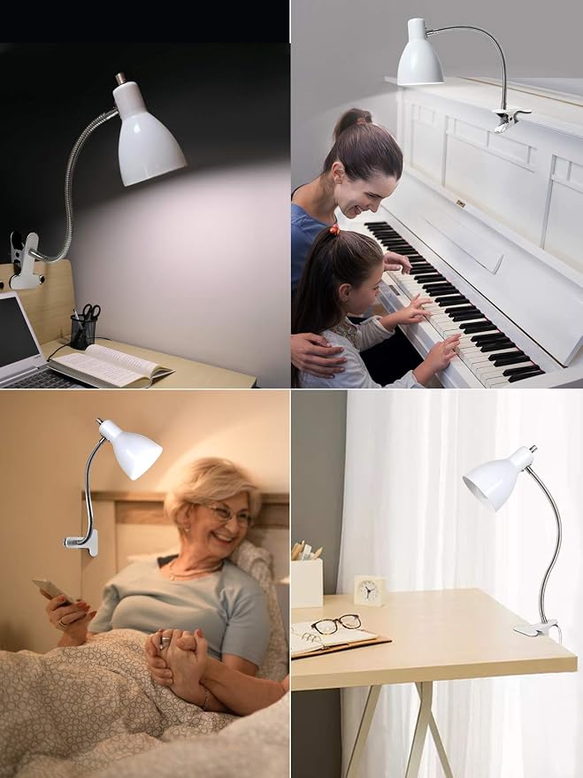 Desk lamp Eye-Caring Table Lamps, 360°Rotation Gooseneck Clip on Lamp Reading Light Portable Reading Book Light Clamp Study Desk Lamps for Bedroom and Office Home Lighting (White)