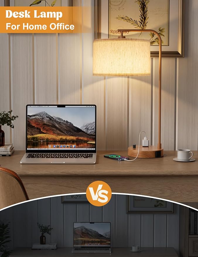 Innqoo Wood Table Lamp for Bedroom with USB Port and Outlet, Dimmable Nightstand Bedside Lamps with Linen Lampshade, Desk Lamp for Home Office, Living Room, Guest Room, LED Bulb Included