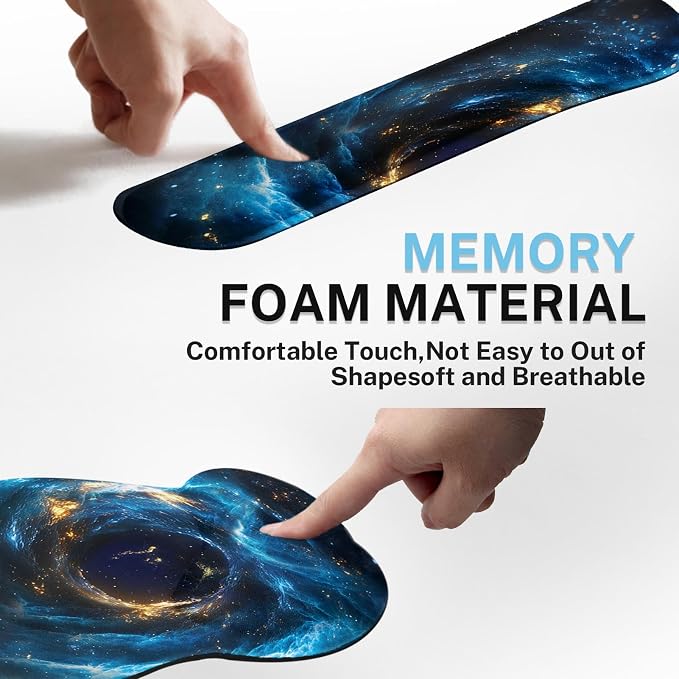 Ergonomic Mouse Pad Set with Wrist Rest, Galaxy Space | Blue Black Non-Slip Rubber Base Wrist Cushion Support and Coasters Mousepad with Wrist Support for Computer Keyboard