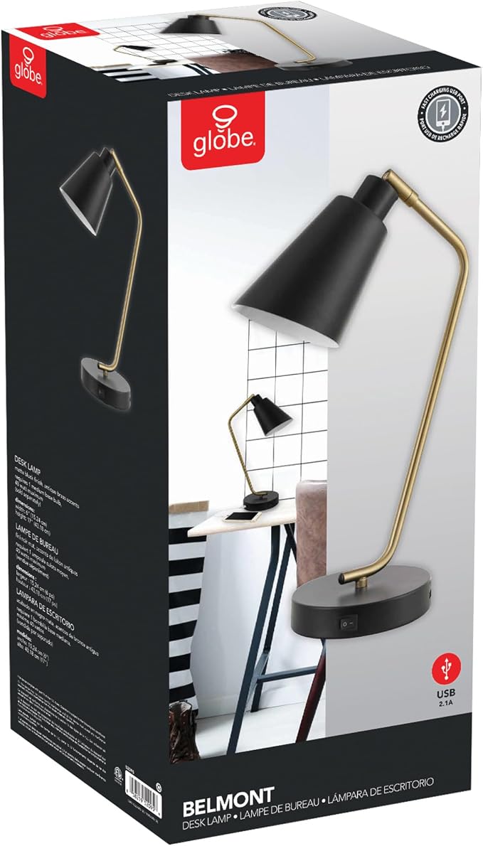 Globe Electric 52095 Belmont 17" Desk Lamp, Matte Black, Antique Brass Accents, Fast Charging USB Port, Rocker On/Off Switch