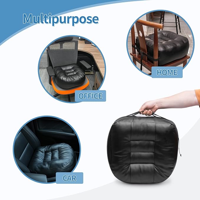 YOUFI Leather Seat Cushion Extra-Thick Booster for Office Chair to Rise Height - Full Filling for Support - with Breathable Cover, Handle and Buckle - Relieves Back Pain – 18"x16"x6" (Black)