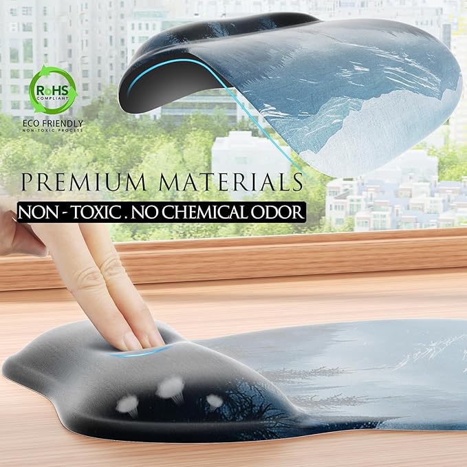 MROCO Ergonomic Mouse Pad with Gel Wrist Rest, 9.4 x 8.1 in, Cloud Forest | Ergonomic Shape Design, Multiple Pattern Options, Gel Wrist Comfort, Smooth Lycra Surface, Non-Slip PU Base