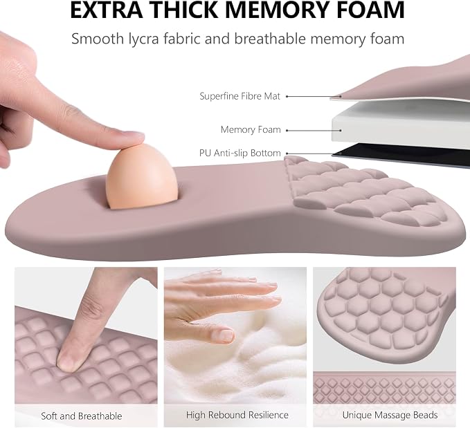 Ergonomic Mouse Pad Wrist Support, 2 in 1 Keyboard Wrist Rest Set | Memory Foam, 15° Ergonomic Slope, Massage Bead Design, Non-Slip PU Base, Lycra Fabric, for Office & Gaming, Gradient Pink