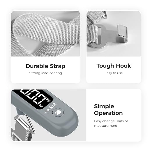 pack all Digital Luggage Scale for Travel, 110Lbs Capacity, 0.1Lb Precision | Handheld, Backlit LCD Display, Lb/Kg/Oz Conversion, Tare Function, Battery Included, Rock Grey