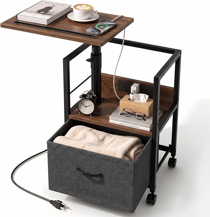 Faesun Swivel Lift Top Nightstand with Charging Station, Rolling Side Table for Recliner, Bedside Table with Wheels & a Fabric Drawer, for Small Spaces, for Bedroom, Living Room, Walnut Gray