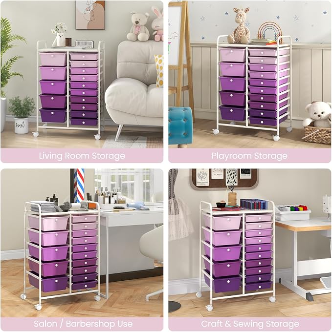 RELAX4LIFE 15 Drawer Rolling Storage Cart - Mobile Craft Art Supply Storage Organizer for Tool Scrapbook Paper Salon, Office School Classroom Teacher Rolling Cart with Drawers, Utility Cart on Wheels