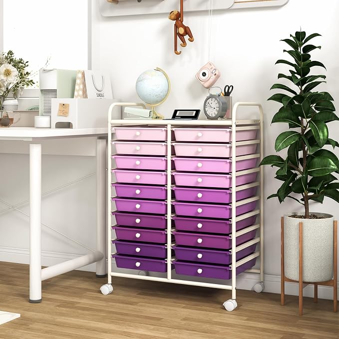 COSTWAY 20-Drawer Rolling Storage Cart, Utility Storage Organizer Cart | For Tools, Scrapbook, Paper, Craft, Multipurpose Storage Trolley on Wheels for Home Office School (Purple Gradient)