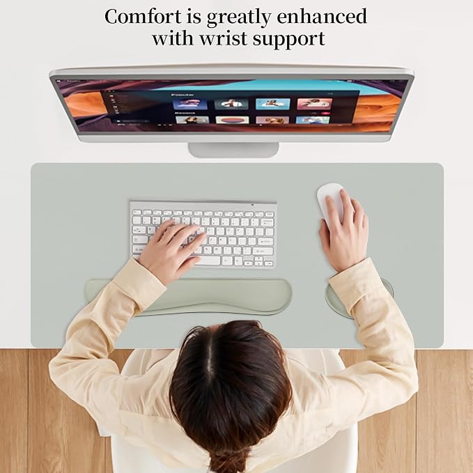 Keyboard and Mouse Pad, 3-in-1 Desk Mat Set Keyboard Wrist Rest | 31.5" x 15.7" Desk Mat, Ergonomic Wrist Rest for Computer Keyboard, Non-slip Base, Waterproof Computer Mat, Light Grey