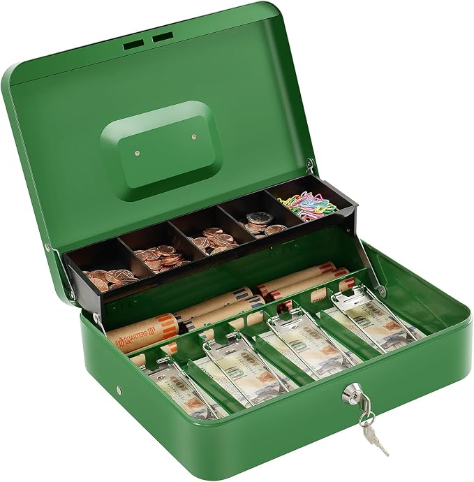Cash Box with Lock Key and Money Tray - Large Money Box for Cash Register, Metal Lock Box for Money Safe 11.8" x 9.4" x 3.54" Green