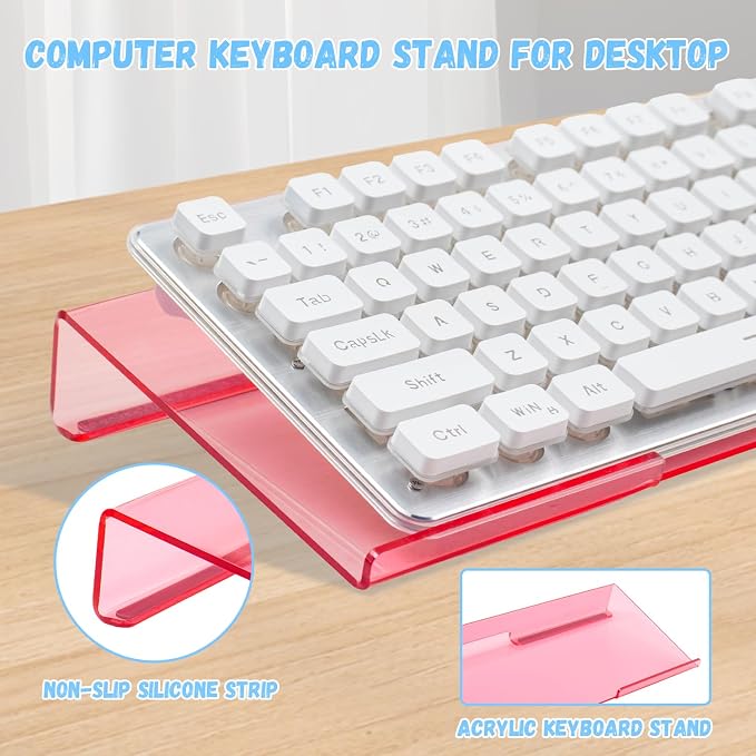 Pink Acrylic Ergonomic Keyboard Stand with Silicone Wrist Rest | for Desktop Clear Keyboard Holder with Soft Wrist Support, Aesthetic Desk Accessories for Office, Gaming & Home