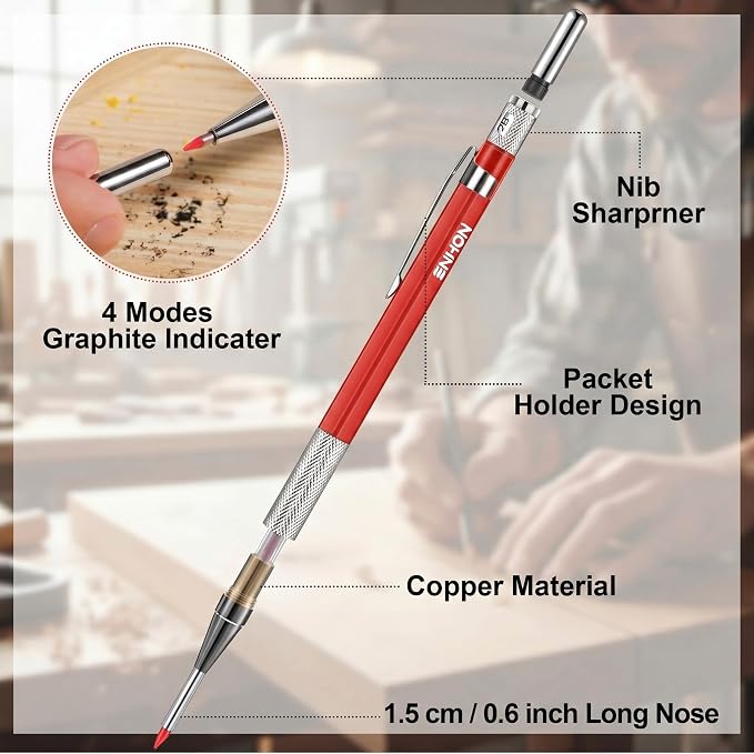 Enhon 2mm Carpenter Pencil Set with 12 Refills and Sharpener, Red | Woodworking Marking Tool Solid Deep Hole Construction Mechanical Pencil, Extended Needle-Nose Tip for Use in Jobs