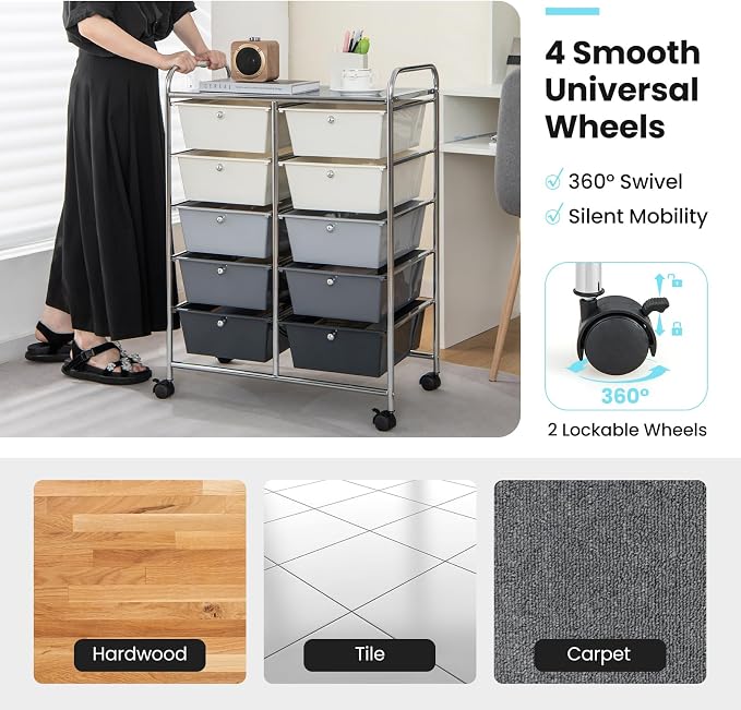 BECOMFORT 10-Drawer Rolling Cart with Drawers, Storage Cart on Wheels, Teacher Classroom Organizers with Metal Frame, Mobile Craft Cart, Trolley Utility Cart for School Office Play Room