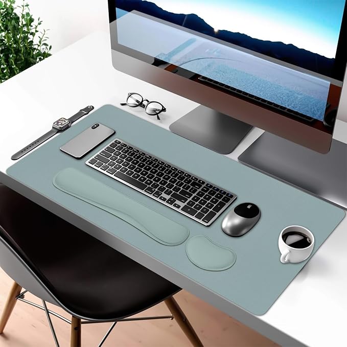 Desk Mat Set,3-in-1 Mouse Pad with Wrist Rest and Keyboard Pad | 31.5" x 15.7" Ergonomic Keyboard and Mouse Pad Set, Memory Foam Keyboard Wrist Rest, Waterproof Computer Mat, Mist Blue