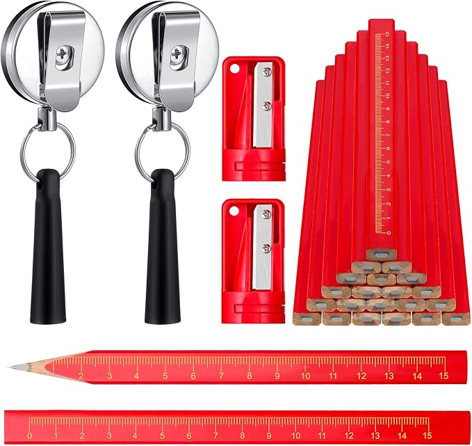 Honoson 24 Pcs Carpenter Pencil with Sharpener,Red Cover, Black Refill | Construction Pencils for Jobsite, Octagonal Flat Design Prevents Rolling, Black Refill Clear Marking, Retractable Pen Holder