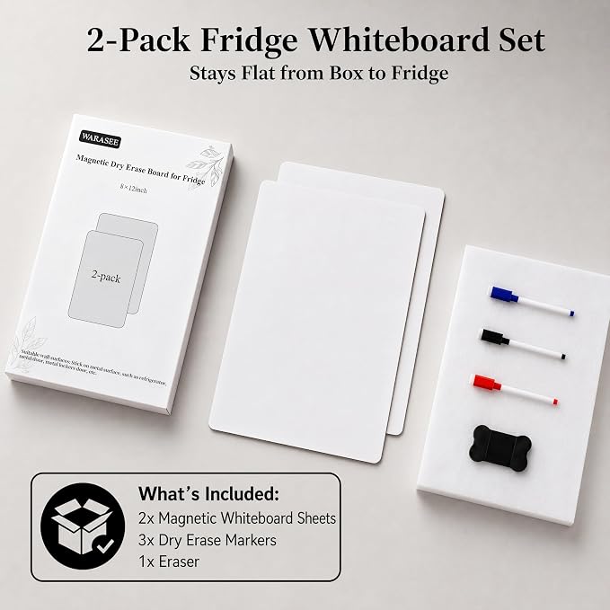 Small Magnetic Whiteboard for Fridge: 2-Pack Menu & Grocery Planner | Dry Erase Sheets for Shopping Lists & Meal Schedules - 12" x 8" Refrigerator Set Ships Flat with 3 Markers & 1 Eraser
