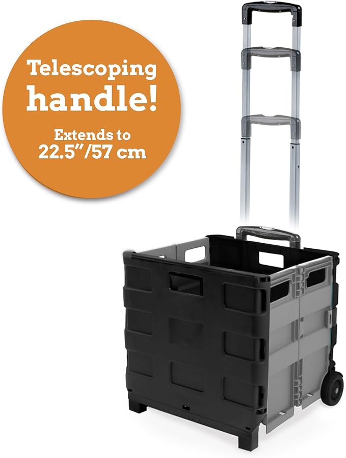Ultra-Slim Rolling Collapsible Storage Pack-N-Roll Utility-carts, with Telescopic Handle, for Home, Garden, Shopping, Office, School use, Medium, Grey & Black
