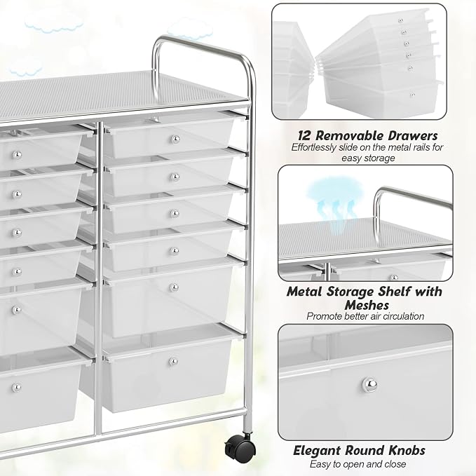 COSTWAY 12-Drawer Rolling Storage Cart, Moveable Art Craft Organizer | Lockable Wheels, Metal Shelf, Files Arrangement Tools Makeup Storage Cart for Office, Home, School (Clear)