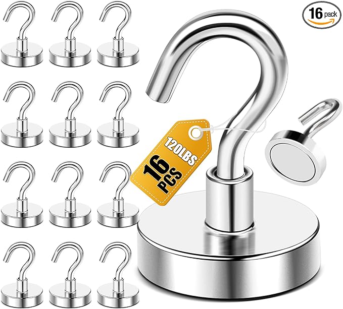 DIYMAG Magnetic Hooks, 120lbs 16pcs Cruise Cabin Essentials Heavy Duty N52 | Strong Neodymium Rare Earth Magnets, for Kitchen, Classroom, Beach, Cruise Cabins, Refrigerator, Hanging Key Clothes Wall Hat