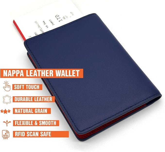 Slim Nappa Leather RFID Blocking Passport Cover (Blue/Red) | Genuine Leather Passport Holder for Men and Women