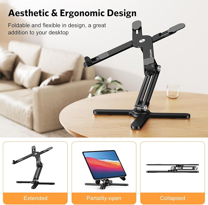 OMOTON LA10 360° Rotating Laptop Stand Riser Foldable for Desk, Black | Aluminium Aolly, Adjustable Height Angles, Collaborative Work, Easy Storage, Fits Laptops up to 17", for MacBook Pro/Air HP