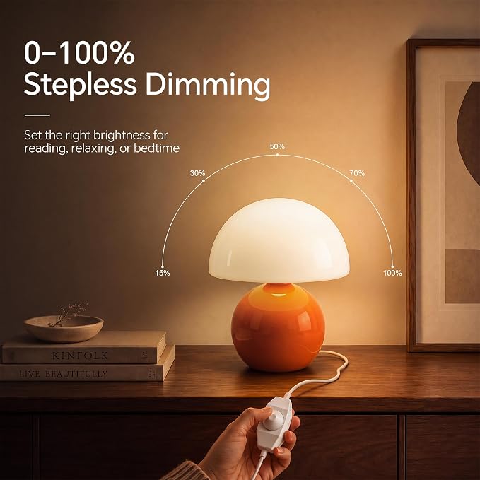 Mushroom Lamp Table Lamp for Bedroom-Small Desk Table Lamps,Orange | 8.7" Mid Century Modern Table Lamps for Living Room Bedroom Decor,Cute Ceramic Lamps for Mushroom Home Room Decor,Glass Shade