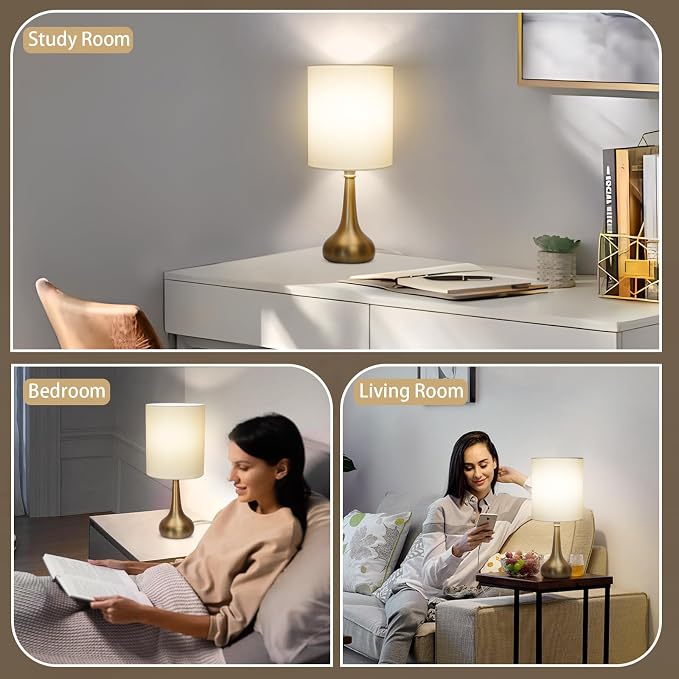 Set of 2 Bedside Touch Lamps, 16 Inch Dimmable Small Nightstand Lamp, Night Light Lamp Simple Touch Table Lamp with Brass Metal Base for Living Room Bedroom Office, A19 3000K Led Bulb Included