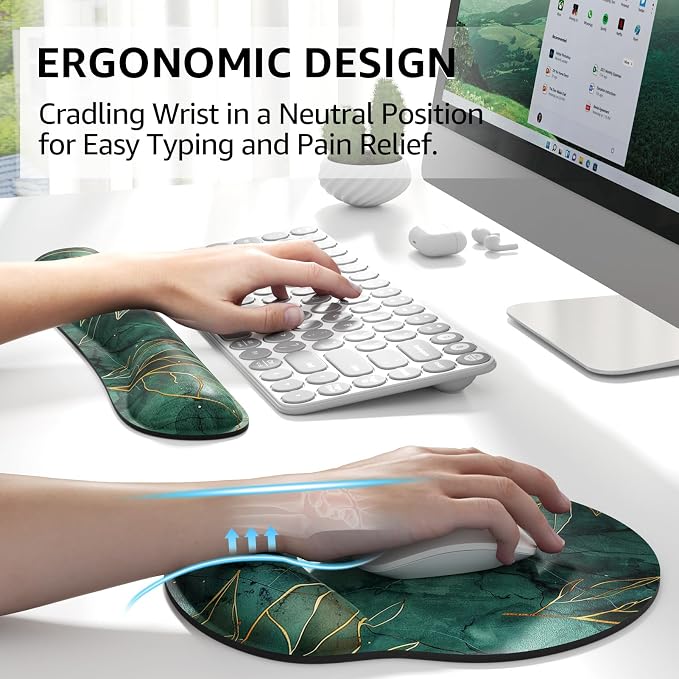 KTRIO Keyboard Wrist Rest & Mouse Pad with Wrist Rest, Green Leaves | Memory Foam Wrist Support, Ergonomic Design, Non-Slip Base, Office and Home Use