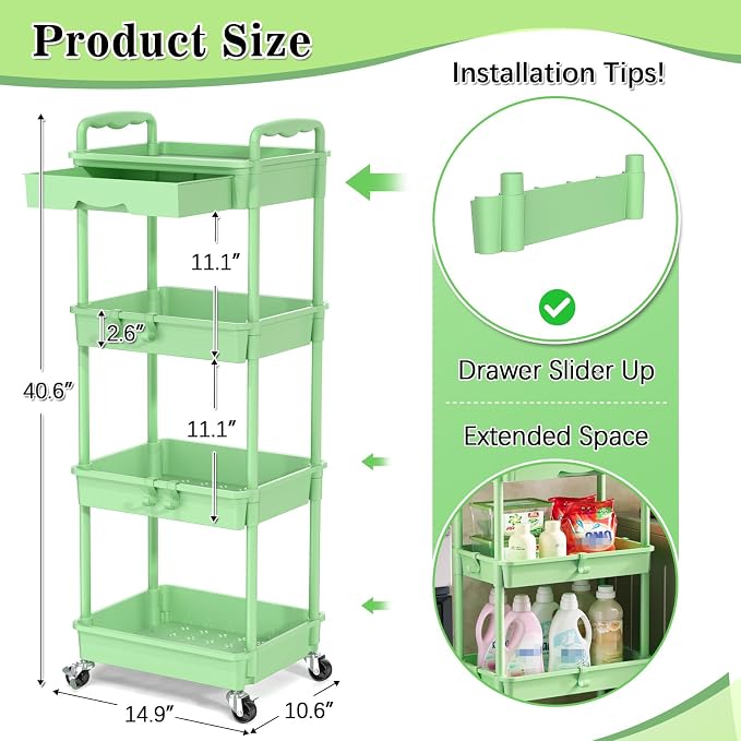 SUNALLY 4 Tier Rolling Cart with Drawer, Craft Storage Cart Organizer,Green | Bathroom Storage Organizer with 2 Lockable Wheels, Rolling Utility Cart for Kitchen, Office, Baby, Makeup, Nail,Snack,Laundry
