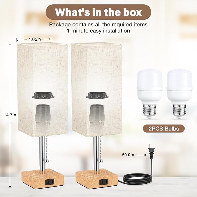 Bedside Lamp for Bedroom Set of 2 - Small Table Lamp for Nightstand | AC Outlet, 3 Color Temperatures, LED Bulb Included, Pull Chain Design, 14" Rectangular Desk Lamp for Dorm/Office, 2-Pack